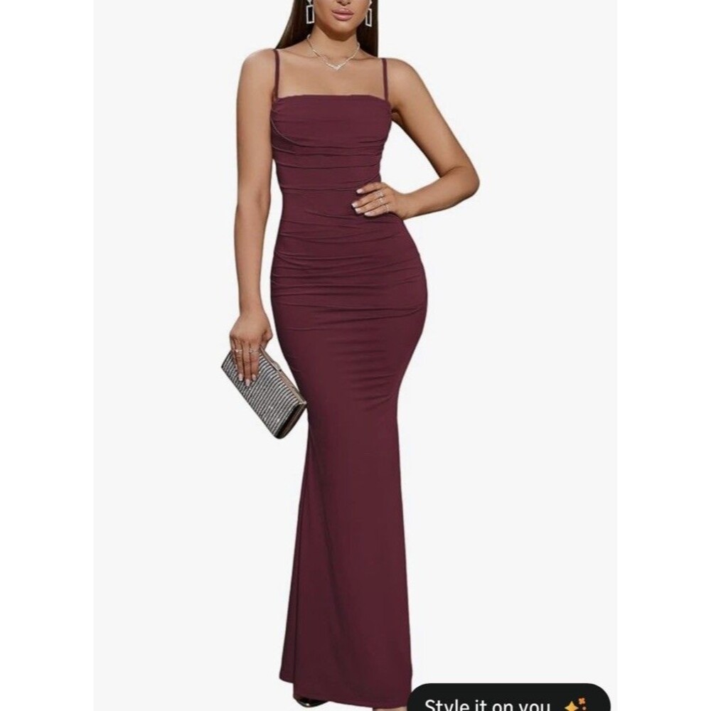 Burgundy Spaghetti Strap Ruched Evening Gown dress